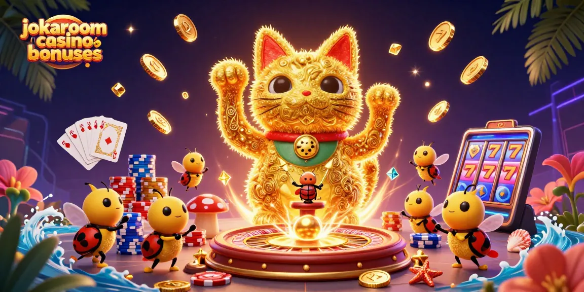 Experience the excitement of jokaroom casino bonuses with a vibrant 3D illustration of casino symbols and golden fireflies.
