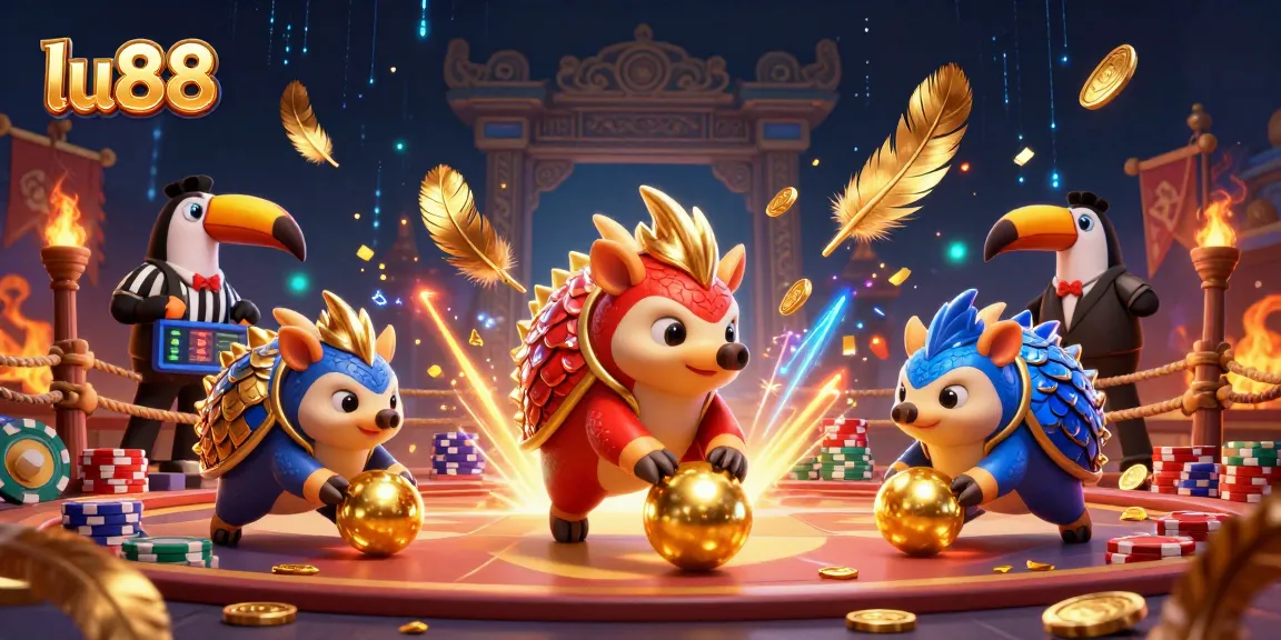 lu88 pangolins compete in a vibrant casino scene with poker chips and golden effects