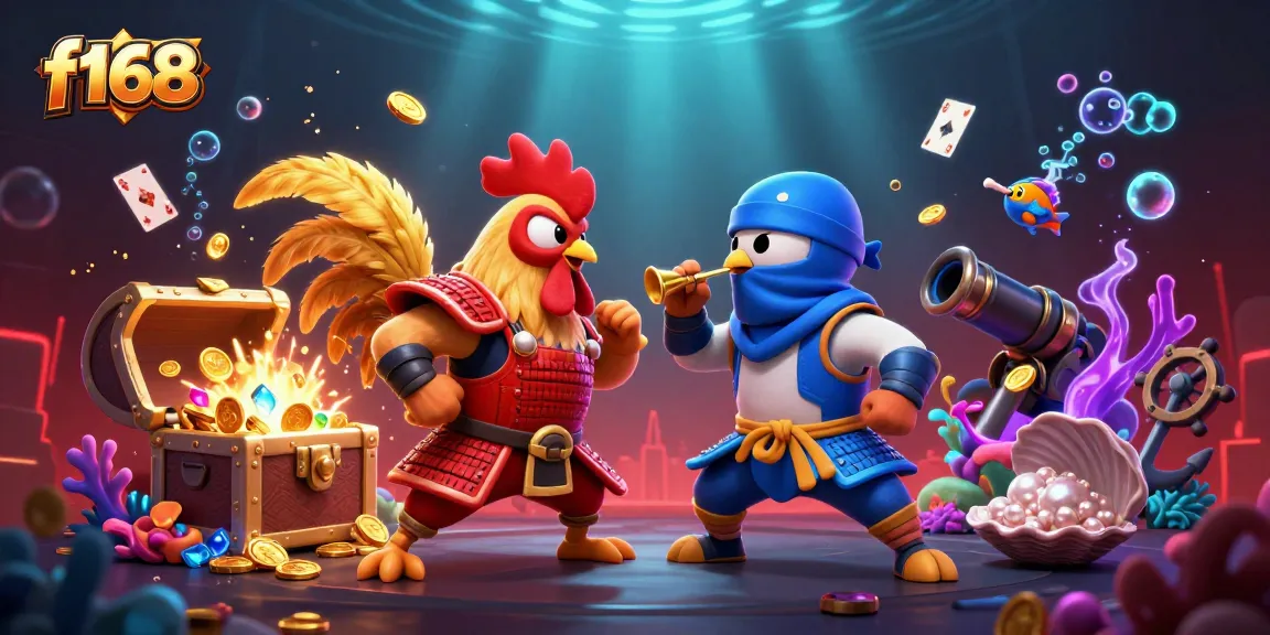 Experience thrill and action at f168 with cartoon roosters battling amidst gold coins and gems.
